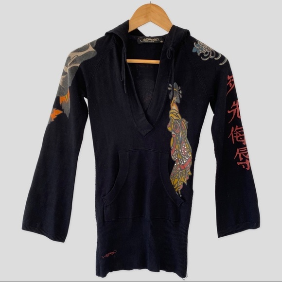Ed Hardy by Christian Audigier Vintage Japanese Motif Hooded Black Sweater XS